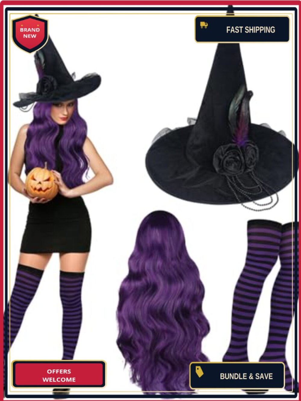 Witch Costume Set 3 Pc Hat Wig Over Knee Stockings Cosplay Halloween